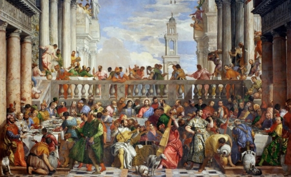 베네치아의 웅장한 궁전을 배경으로 그려진 '가나의 혼인잔치' 장면. 파올로 베로네세(Paolo Veronese, 1528-1588)가,  1562-63년 사이에, 6.77 x 9.94m 짜리 대형 캔버스에 유화로 그렸다. 파리 루브르 박물관에 소장된 가장 대형 그림이다.