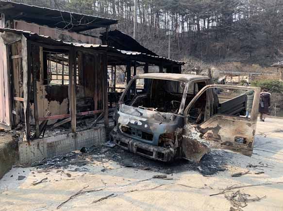 강원도 일대 대형 산불 사태로 부구교회 김미경 성도(60)가 운영하는 농원도 전소됐다.     ⓒ감리회 제공