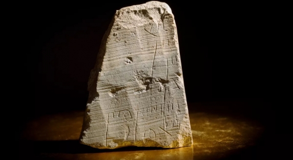 검은 배경에 히브리어로 새겨진 삼각형의 회색 석판은 3.5인치(9센티미터) 길이의 재무 기록이 새겨진 돌이다. (이미지 제공: 야나이 엘리야후/다윗의 도시)